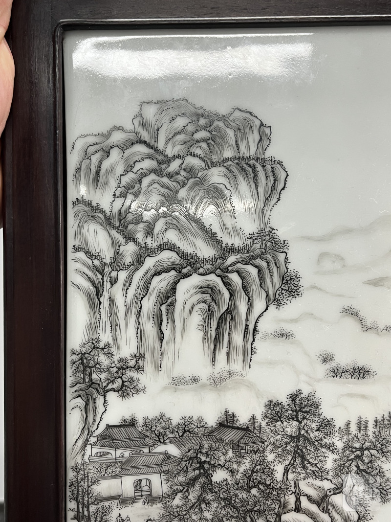 民国  墨彩刻瓷山水图插屏 - 图9